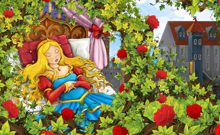 sleeping beauty asleep in rose garden near castle