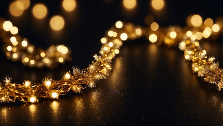Christmas warm gold garland lights over dark background with glitter overlay