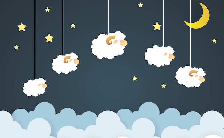 Counting sheep. Cartoon character happy jumping sheep. Sweet dreams.paper art