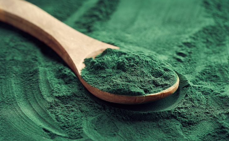 Fresh spirulina powder on a spoon on a green background